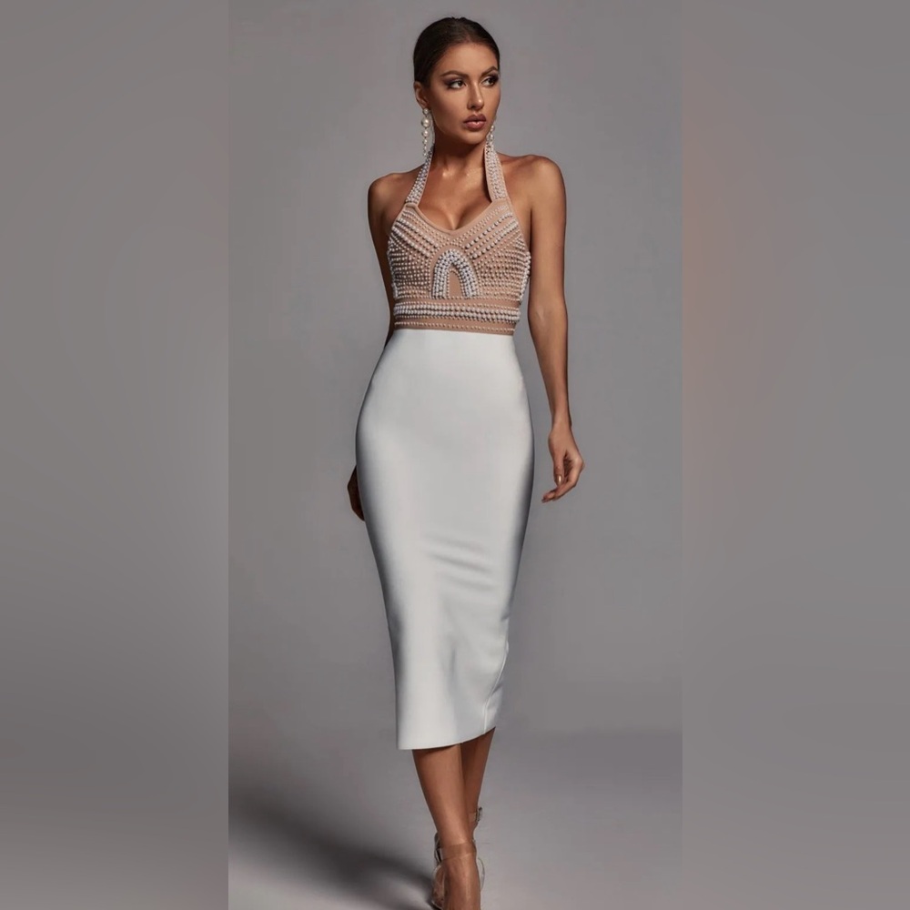 Pearl Halter Bandage Dress - Beige and White